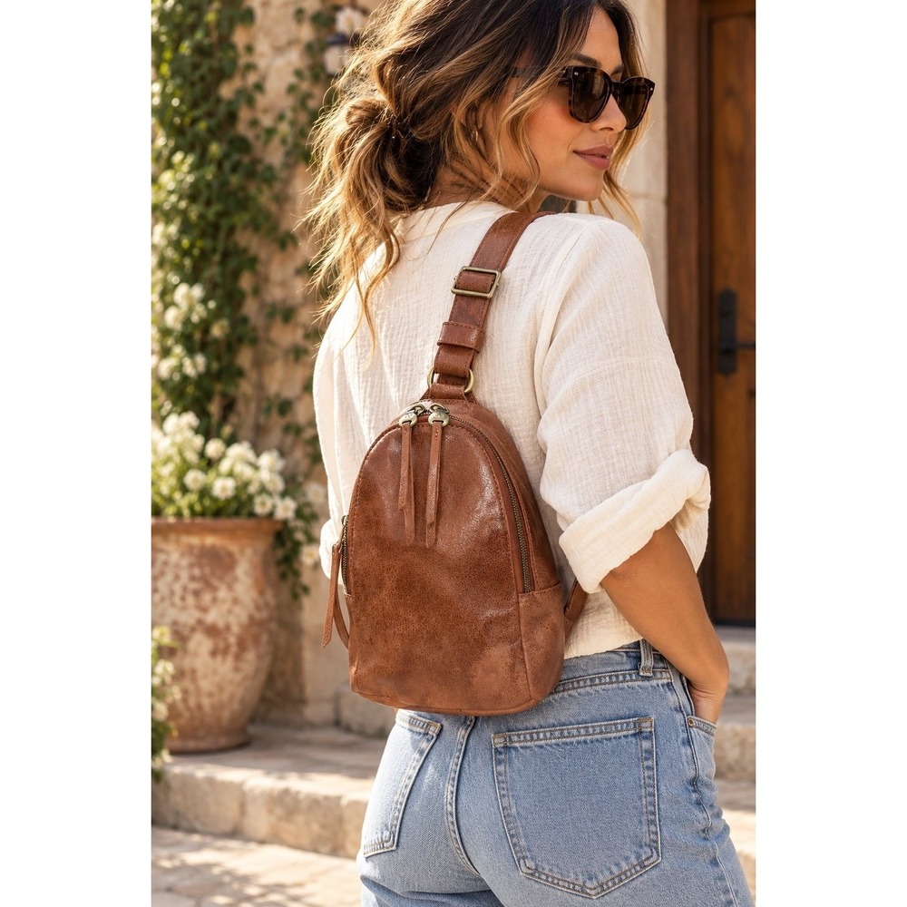 HOBO Genuine Leather Sling Bag Brown Cognac Crossbody Backpack Boho